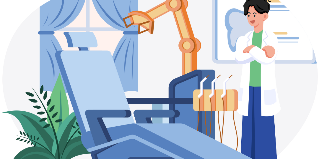 Modern dental office illustration with dentist and blue treatment chair representing Olathe Pediatric Dental