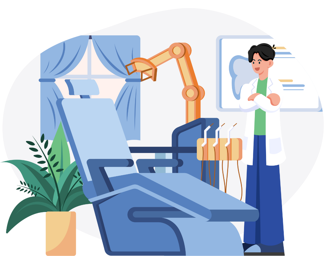 February_Blog Modern dental office illustration with dentist and blue treatment chair representing Olathe Pediatric Dental